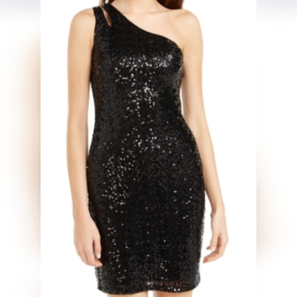 NWT TEEZE ME JUNIORS One-Shoulder Black Sequin Dress